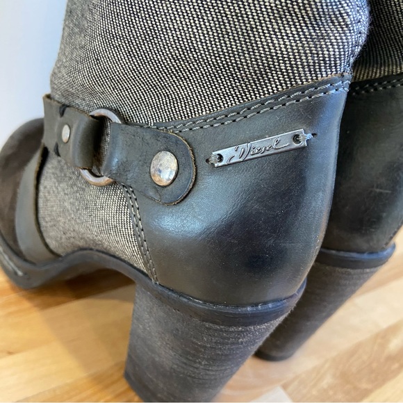 Western Diesel heeled platform boot distressed leather black grey denim harness - Picture 7 of 16